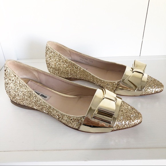 Miu Miu Shoes - Miu Miu Gold Glitter Ballerina Flats sz 6